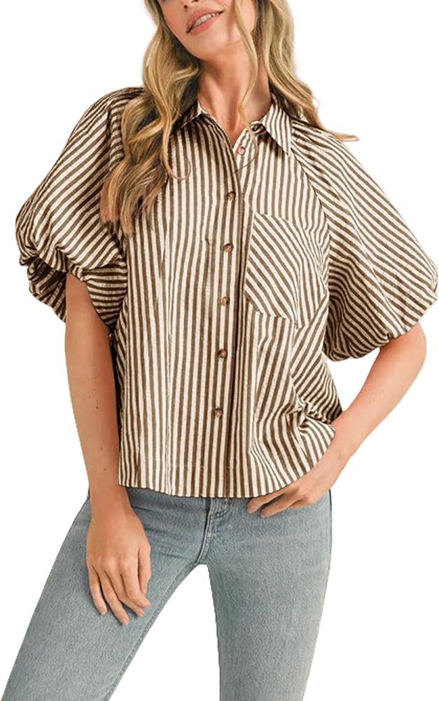 Women's Striped Button Down Shirt Puff Sleeve Collared V Neck Loose Casual Dressy Blouse Top | Amazon (US)