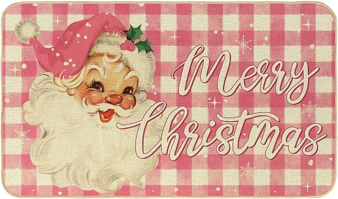Merry Christmas Outdoor Doormat Pink Santa Claus Floor Mat Plaid Non-Slip Decorative Entrance Doo... | Amazon (US)