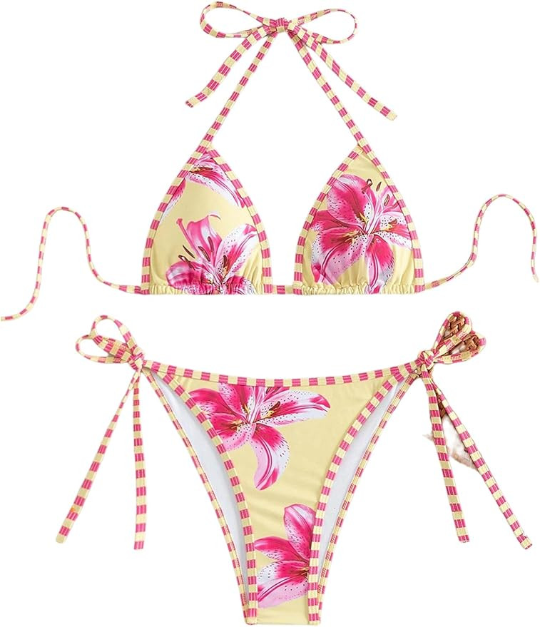 Amazon.com: SHENHE Women's Triangle Bikini Halter Neck Tropical Floral Striped String Bikini Swim... | Amazon (US)
