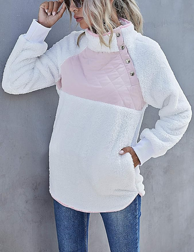 Romanstii Women Fleece Pullover Sweatshirt Oblique Button Neck Long Sleeve Warm Casual Coat Outwe... | Amazon (US)