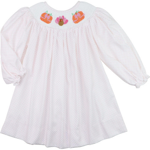 Pink Dot Smocked Turkey And Pumpkin Dress | Cecil and Lou