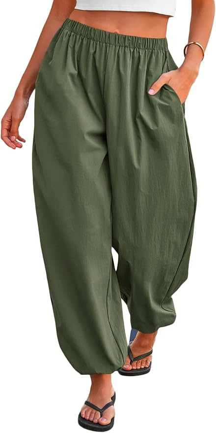 Tankaneo Womens Balloon Baggy Pants Trendy Casual Elastic Waist Wide Leg Harem Pants Pleated Lant... | Amazon (US)
