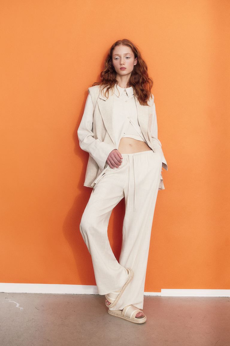 Linen-blend Pull-on Pants - Low waist - Long - Light beige - Ladies | H&M US | H&M (US + CA)