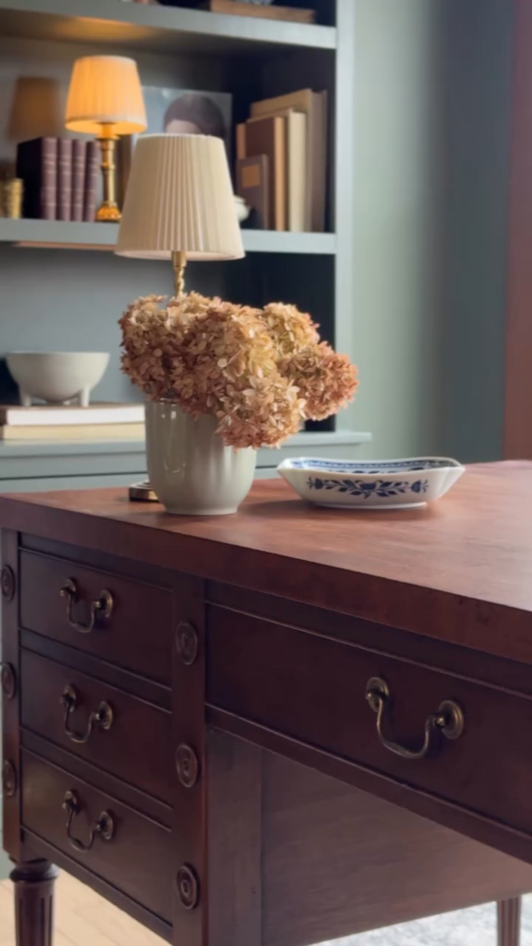 Pewter Green by @sherwinwilliams 

When we painted this office back in 2021 I knew I wanted the space to feel masculine, vintage, and moody! I wanted it to feel like you took a step back in time. 

And this color checked all those boxes for me! 

Would you use this color in your home?

-

#moodyinteriors #moodyhome #moodypaintcolors #darkandcozy #richwallcolors