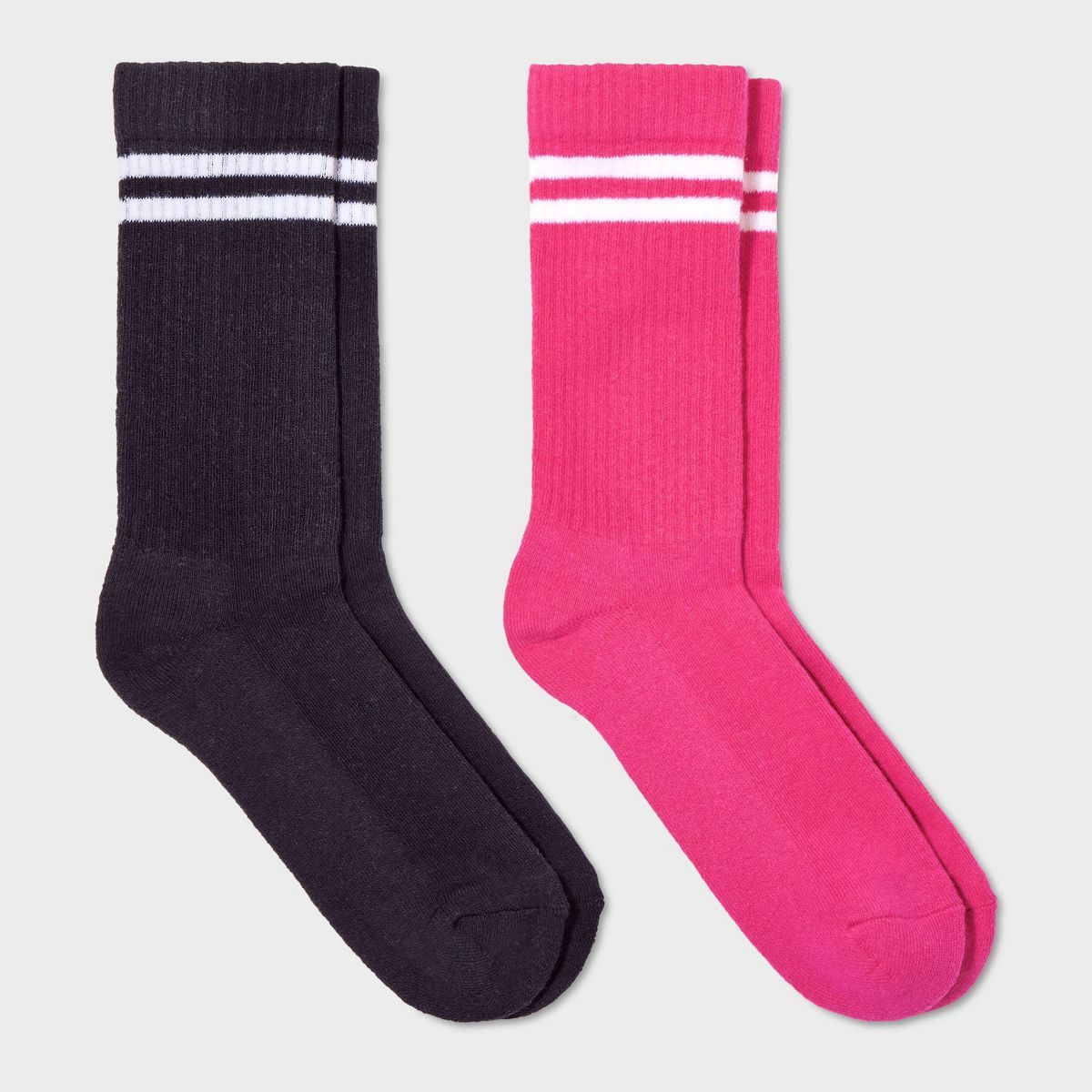 Women's Striped 2pk Cushioned Ribbed Crew Socks - Pink/Black 4-10 | Target