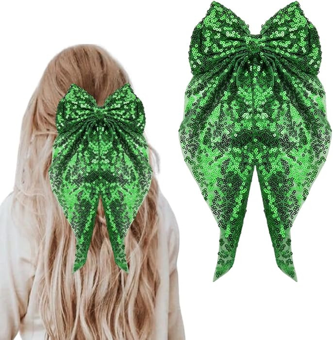 Oversized Glitter Green Hair Bows for Women Bowknot Hair Clips with Long Tail Ribbon Sequin Bow H... | Amazon (US)