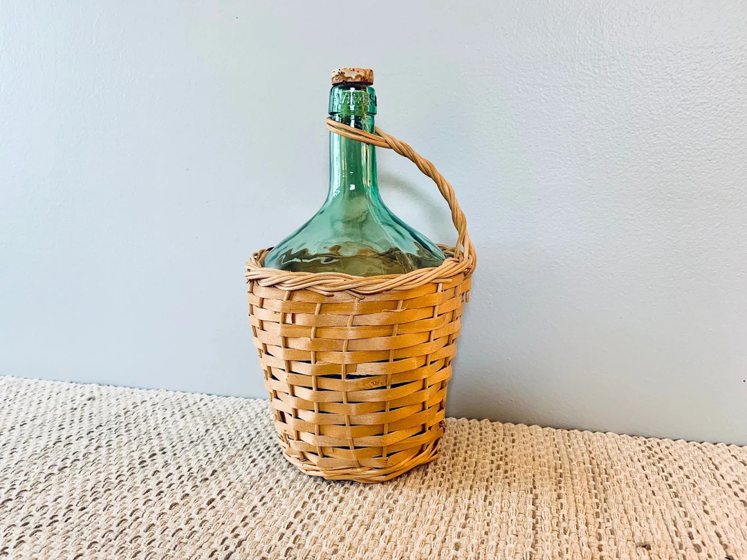Vintage Viresa Demijohn Bottle, Green Glass and Wicker Wrapped - Etsy | Etsy (US)