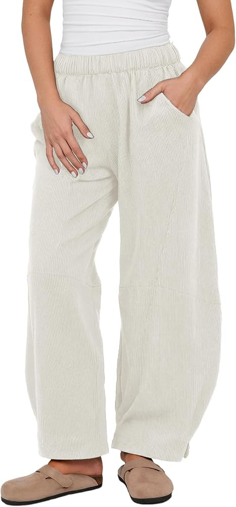 Athlisan Womens Corduroy Pants Wide Leg Cropped Barrel Baggy Elastic Waist Trousers with Pockets | Amazon (US)