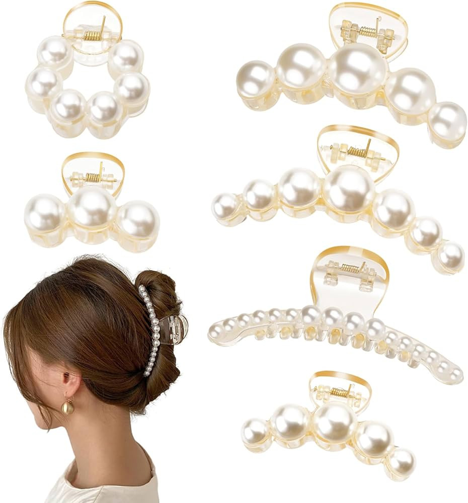 Leezmark 6 PCS Pearl Hair Clips, Wedding Hair Clip for Thick Long Thin Curly Hair White Fancy Big... | Amazon (US)