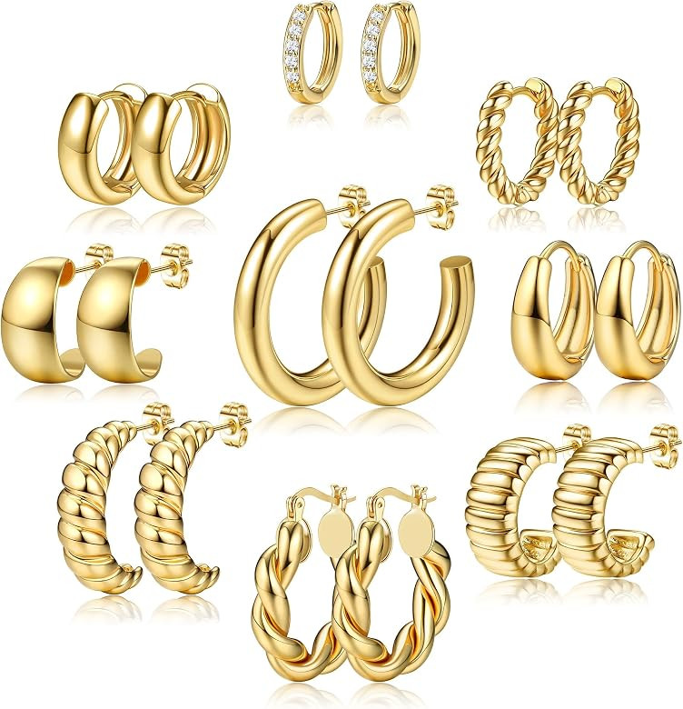 KRFY 9 Pairs Gold Hoop Earrings Set for Women Gold Twisted Huggie Hoops Earrings 14K Gold Plated ... | Amazon (US)