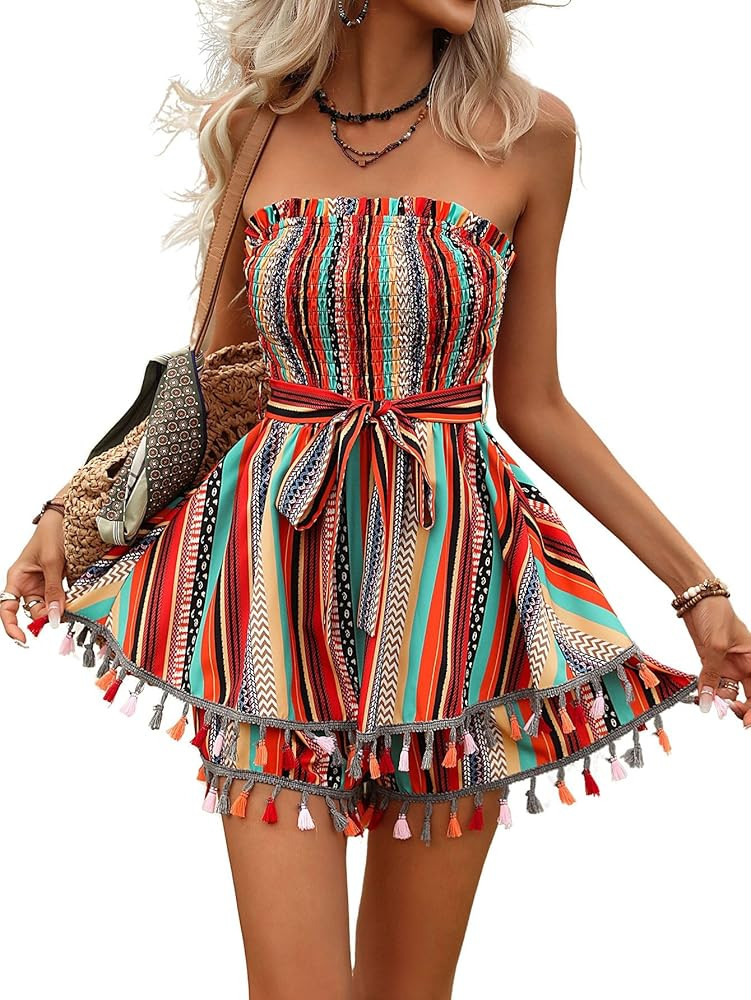 Verdusa Women's Striped Romper Red Romper Vacation Romper Vacation Jumpsuit Strapless Romper Outfit | Amazon (US)