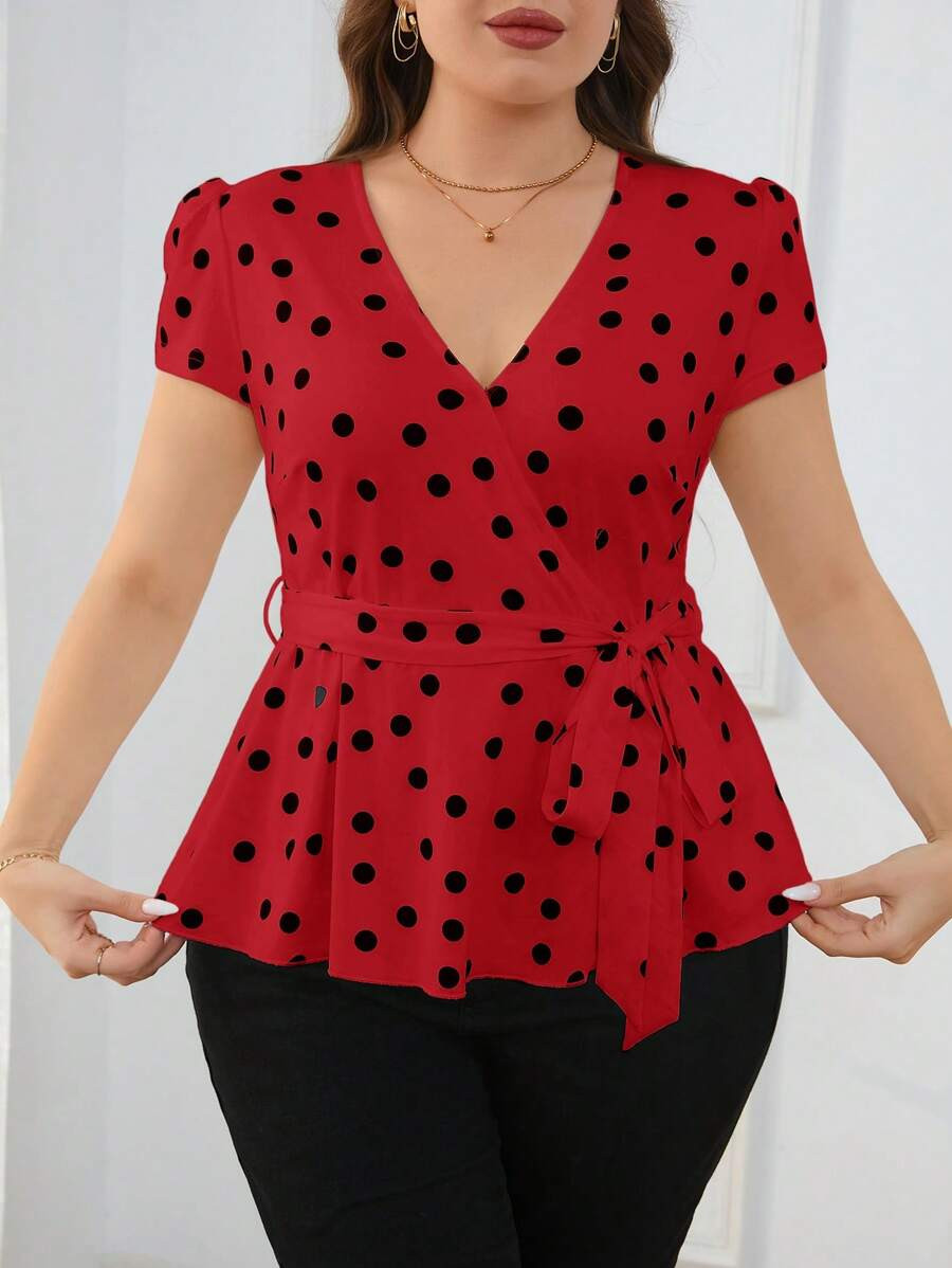 SHEIN Clasi Plus Size Women's Polka Dot Print V-Neck Tie Front Short Sleeve Blouse, For Summer | SHEIN