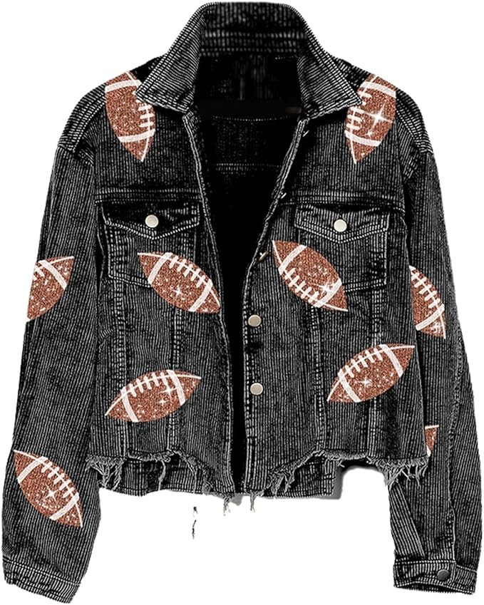 Xunger Women’s Football Corduroy Sequin Jacket Cropped Distresses Rugby Patched Shacket Coat | Amazon (US)