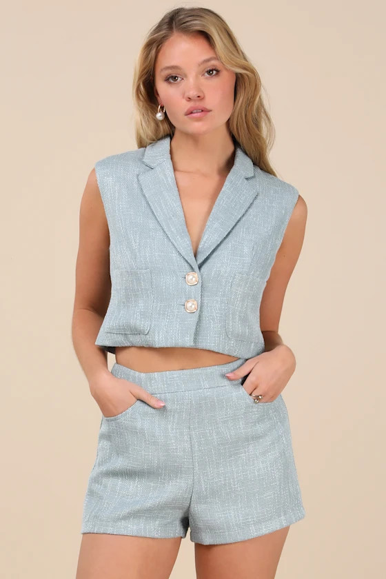 Perfect Company Light Blue Tweed High-Waisted Shorts | Lulus