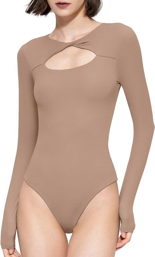 PUMIEY Women's Knot Front Long Sleeve Bodysuit Crew Neck Body Suits Sexy Tops Smoke Cloud Collect... | Amazon (US)