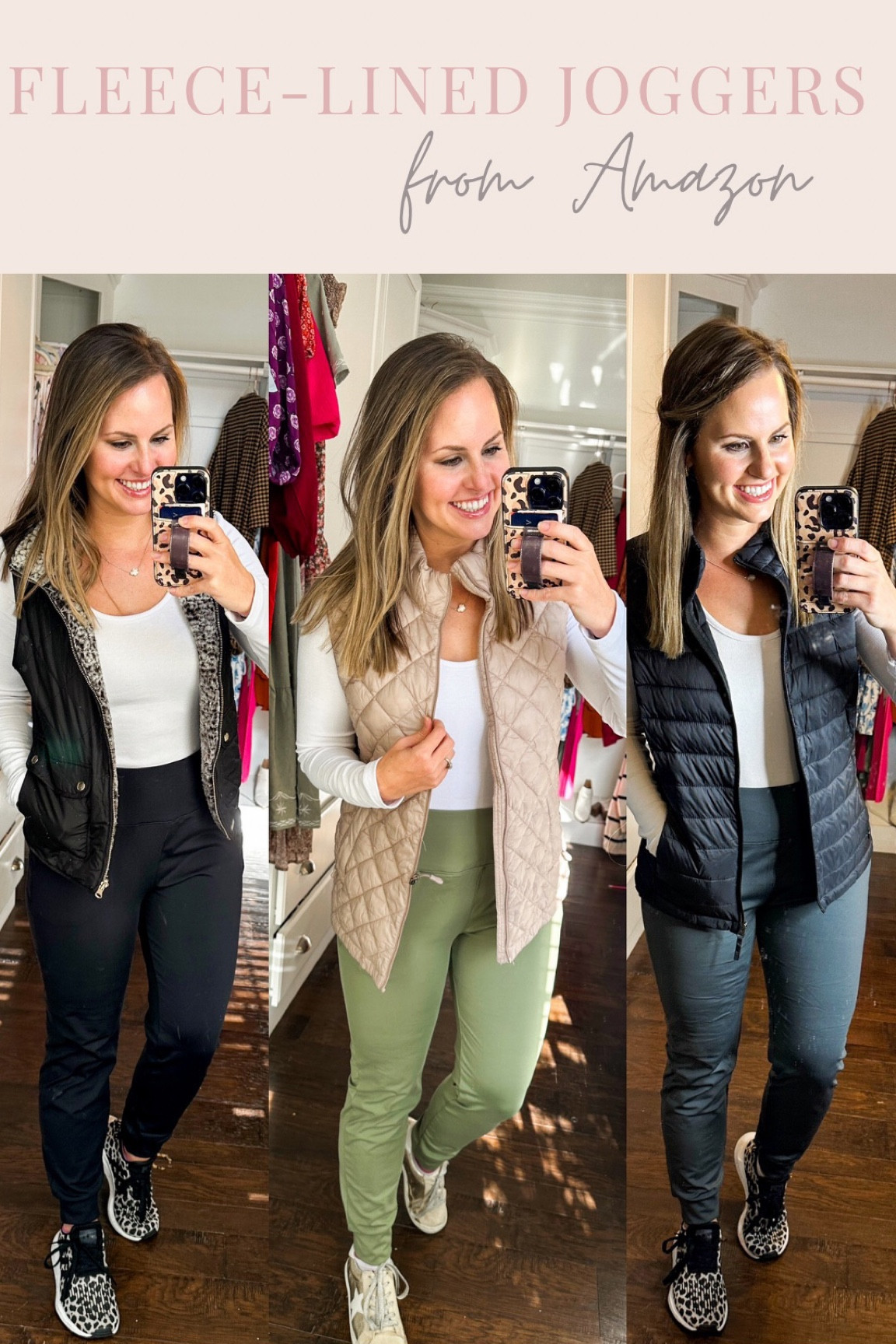Winter outfits. Amazon fleece lined joggers! Come in 14 color & are so soft, have tummy control & are high rise! Very comfortable. Wearing a size M in all. Paired with a long sleeve ribbed tee perfect for layering and puffer vests for warmth. The perfect casual mom outfit— great for everyday, travel, sporting events, running errands—  you name it! 

Fleece lined leggings, Amazon finds, amazon fashion, winter outfit, travel outfit, fall casual style, mom fashion, leopard sneakers, Kendra Scott necklace, quilted vest, Sherpa reversible vest

#LTKfindsunder50 #LTKHoliday #LTKSeasonal