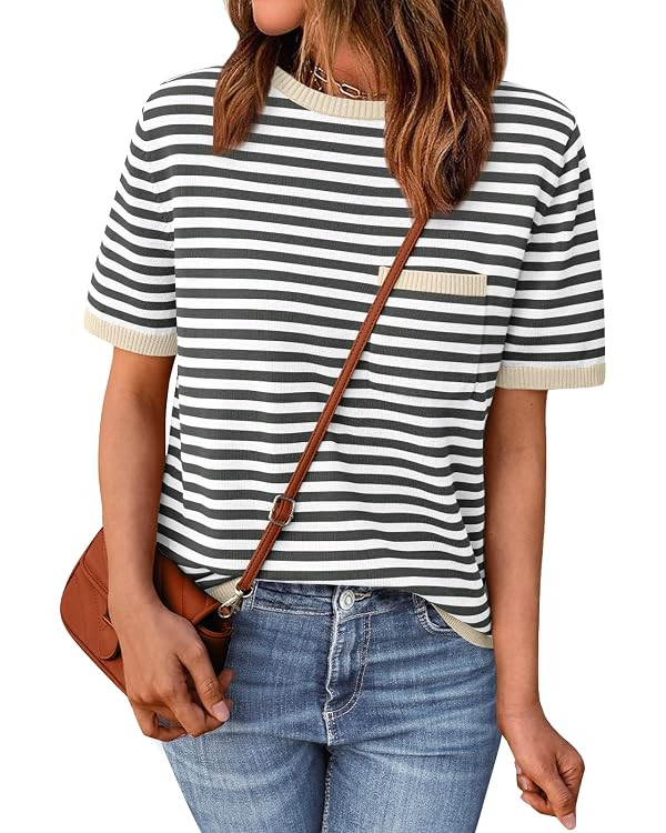 LILLUSORY Womens Striped Short Sleeve Sweater Pullover Shirts with Chest Pocket | Amazon (US)