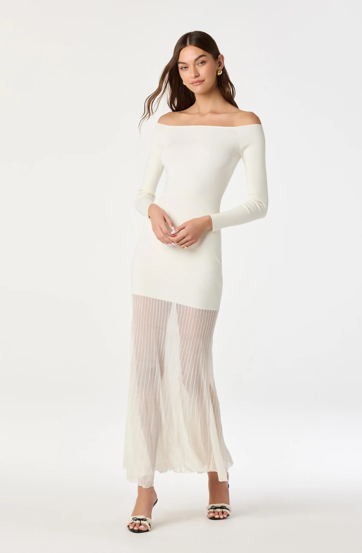 Off Shoulder Mesh Panel Hem Maxi Dress - Cream / S | ASTR The Label (US)