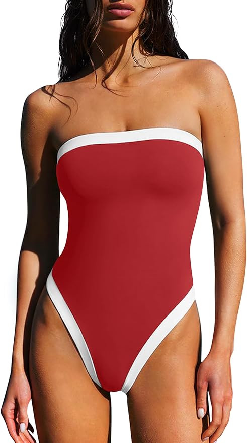 LASLULU Womens Sexy One Piece Swimsuit Strapless Padded Square Neck Bandeau Bathing Suits with Ad... | Amazon (US)
