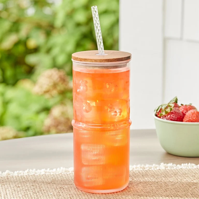 Better Homes and Gardens 22-Ounce Clear Ribbed Tritan Tumbler with Straw and Acacia Wood Lid | Walmart (US)