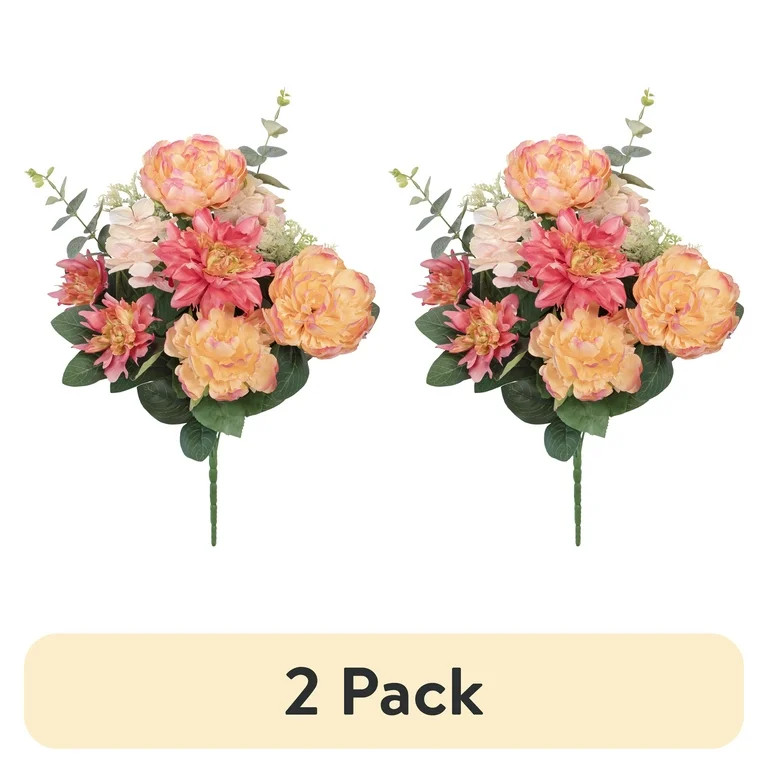 (2 pack) 23-inch Artificial Silk Peach Peony & Dahlia Mixed Flower Bouquet, for Indoor Use, by Ma... | Walmart (US)