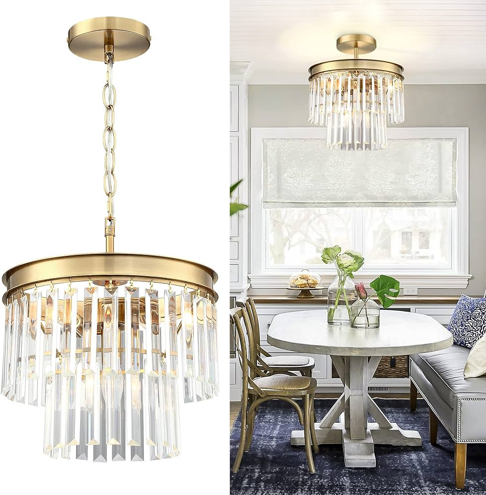MEXO Crystal Chandelier Lighting Fixture Gold Finish 2-Tier Hanging Pendant Ceiling Lights for Li... | Amazon (US)