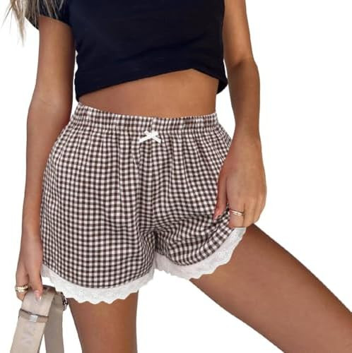 Aoulaydo Boxer Shorts for Women Pajama Gingham Shorts Casual Lounge Sleep Plaid Y2K Beach Bottoms... | Amazon (US)