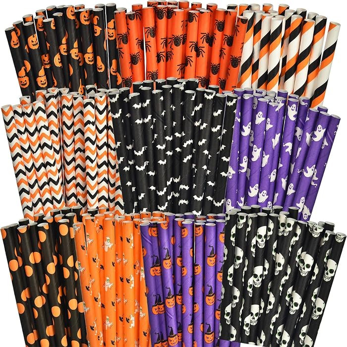 ALINK 100 Counts Halloween Paper Straws, 10 Styles Black White Orange Purple Biodegradable Party ... | Amazon (US)