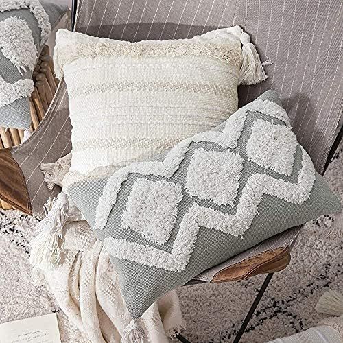 MIULEE Decorative Throw Pillow Cover Tribal Boho Woven Tufted Pillowcase with Tassels Grey and Cream | Amazon (US)
