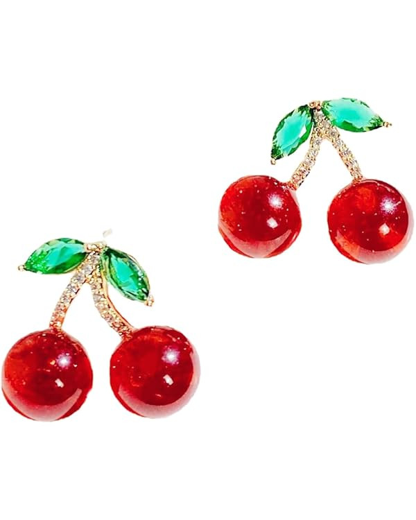 Cherry Fruit Crystal Small Earrings Gold Plated Handmade Charm Sweet 3D Red Fruits Green Leaf Gli... | Amazon (US)