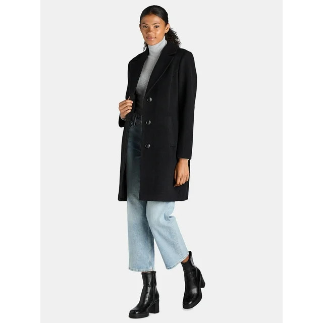 Time and Tru Women's and Women's Plus Faux Wool Solid Button Front Coat, Sizes XS-3X | Walmart (US)