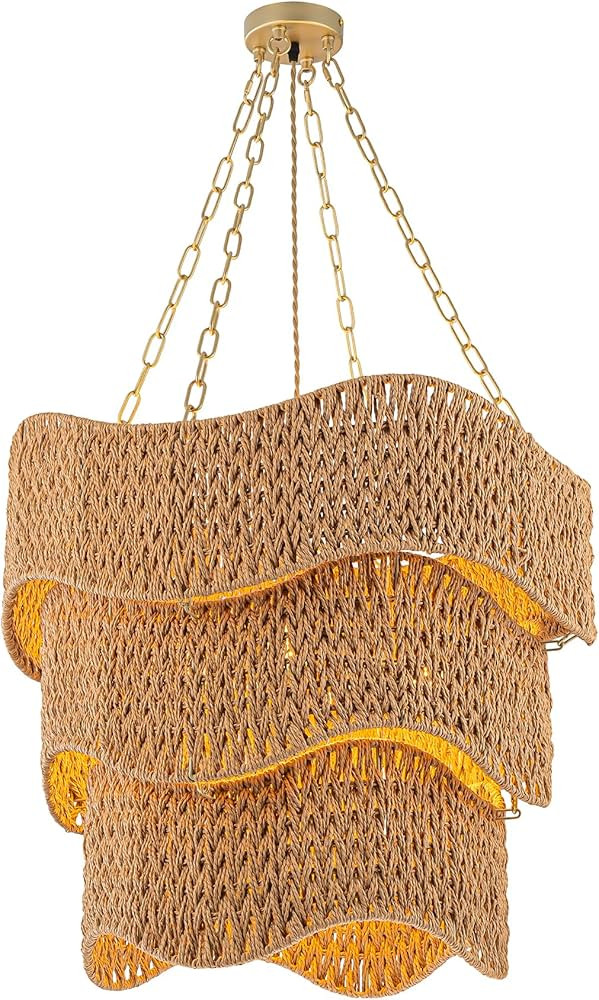 3-Tier Modern Coastal Rattan Chandelier Woven Rustic Chandeliers Farmhouse Hanging Light for Dini... | Amazon (US)