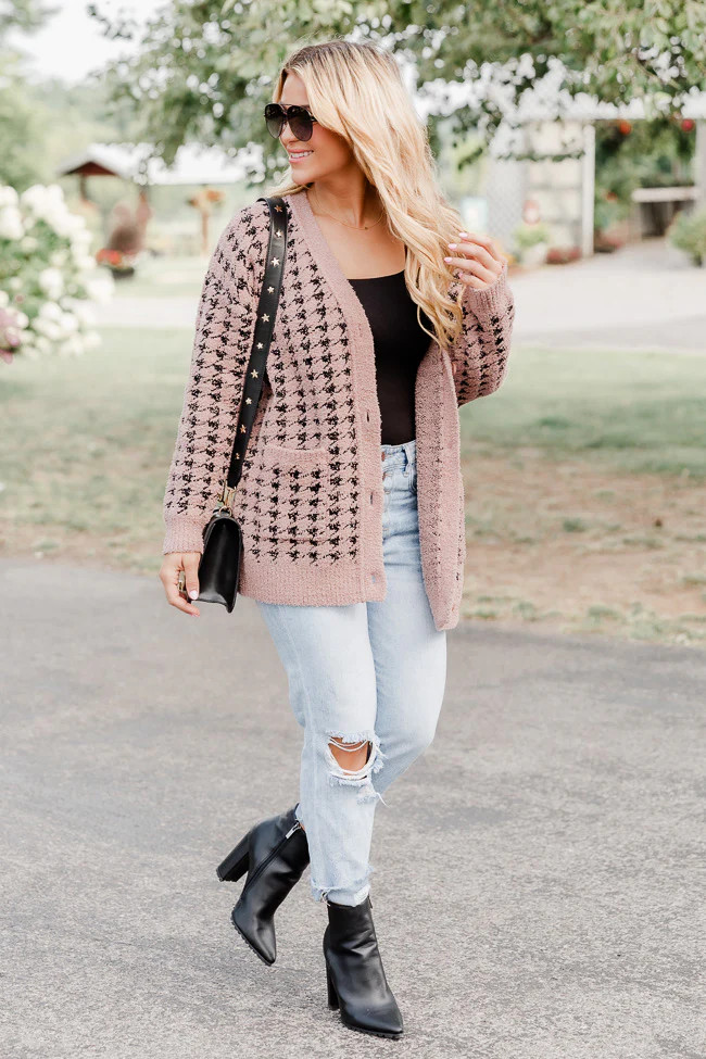 At Your Best Brown And Black Fuzzy Houndstooth Cardigan  FINAL SALE | Pink Lily