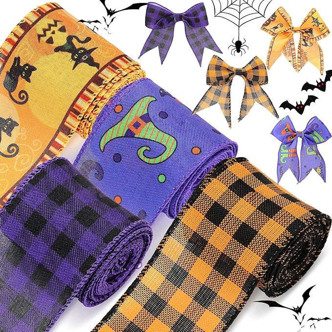 4 Rolls 20 Yards Halloween Burlap Ribbon Wired Edge Plaid Ribbon Fabric Craft Ribbon Halloween Ca... | Amazon (US)