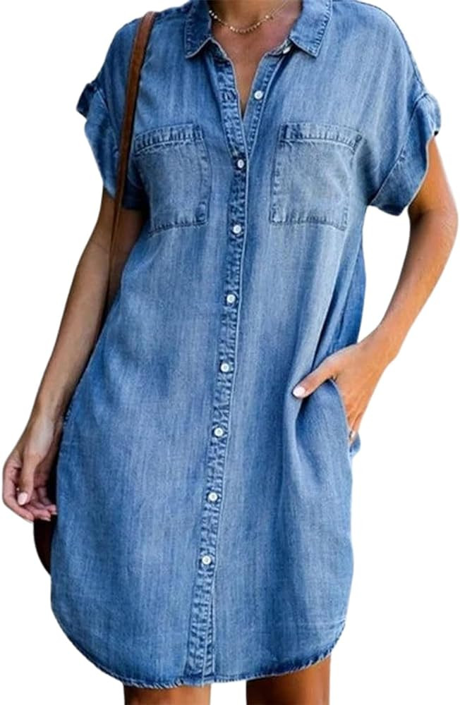 yoeasy Women's Short Sleeve Denim Shirt Midi Dress Button Down Tunic Jean Dress with Pockets | Amazon (US)