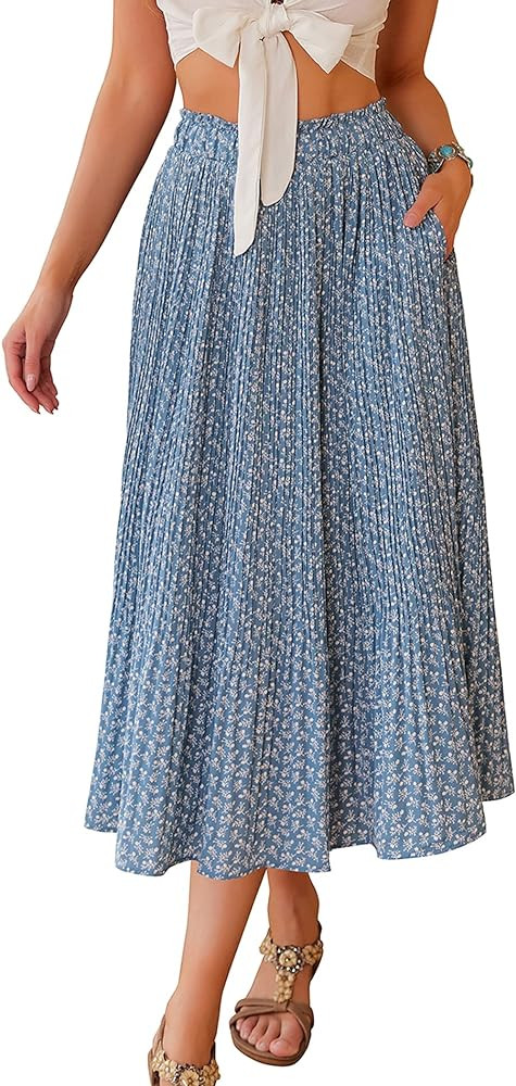 Zeagoo Women's Midi Skirts Elastic High Waist Skirt Polka Dot Casual Pleated Skirt with Pockets | Amazon (US)