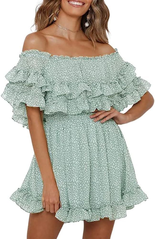 Dokotoo Womens 2023 Summer Floral Print Off The Shoulder Elastic Waist Boho Mini Dresses | Amazon (US)