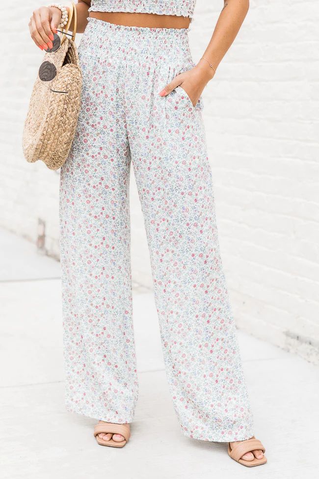 One More Time Ivory Floral Pull On Pants | Pink Lily