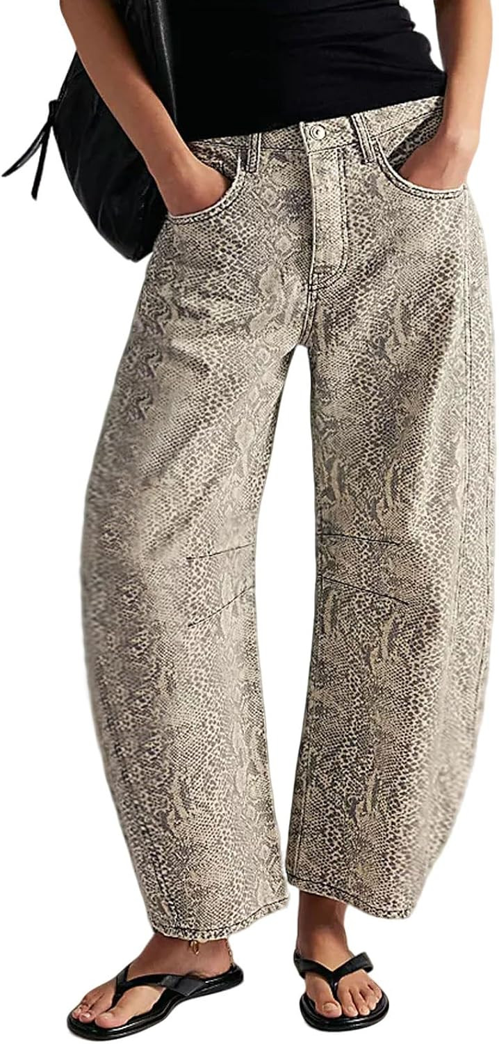 loveimgs Women Boyfriend Baggy Barrel Jeans Floral Print Denim Ankle Pants Wide Leg Mid Rise Jeans Sweatpants Y2k Patchwork | Amazon (US)