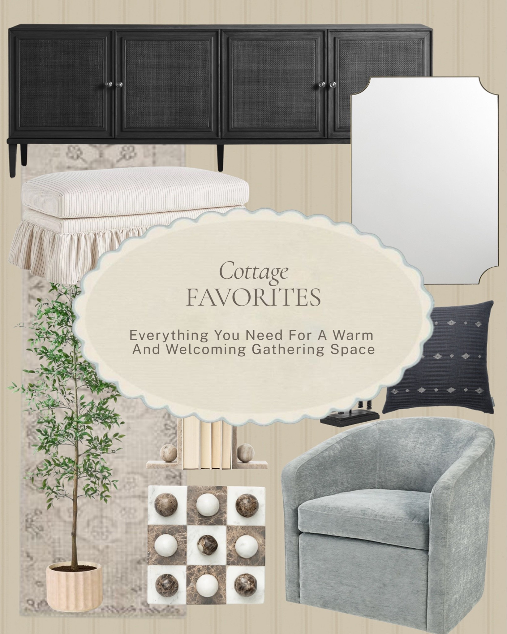 Everything you need for a warm, welcoming gathering space. A black cane cabinet, a skirted bench, a soft blue swivel chair, and the small styling details, a marble tic-tac-toe board, a faux tree, a stack of books, that make a room feel ready for company.

Shop the pieces here! 

#LTKhome