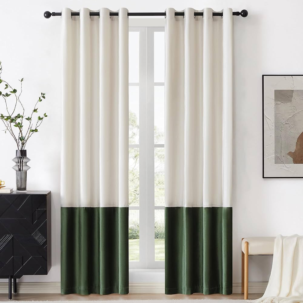 BULBUL Color Block Window Curtains Panels 84 inches Long Cream Ivory Green Velvet Farmhouse Drape... | Amazon (US)