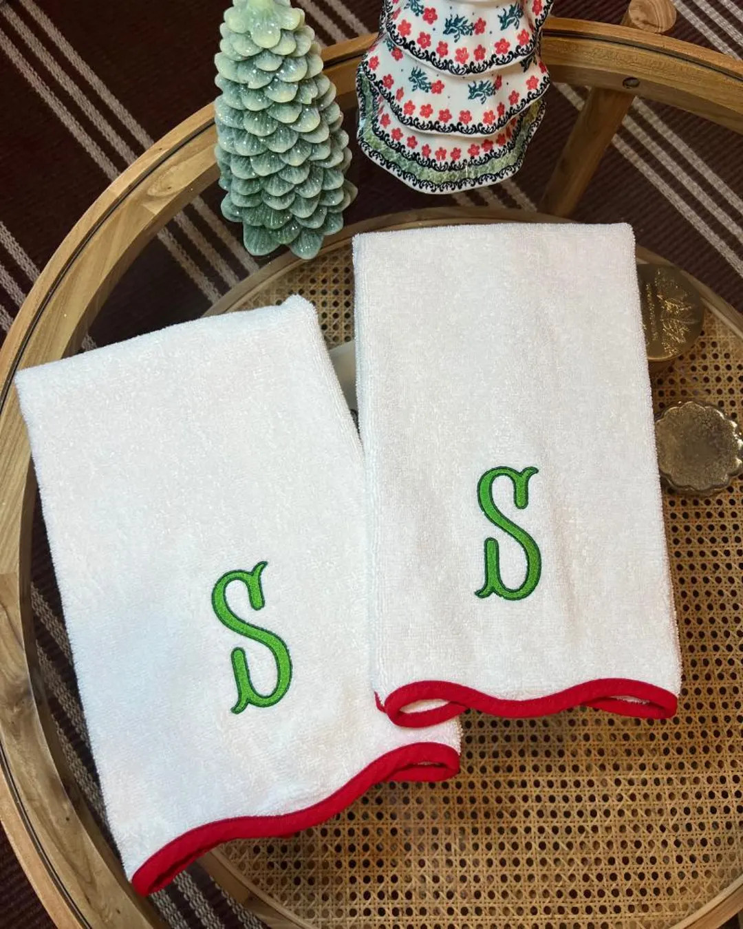 2pk Custom Monogram Scalloped Christmas Hand Towels | 2pk Cream & Red Embroidered Terry Cotton To... | Etsy (US)