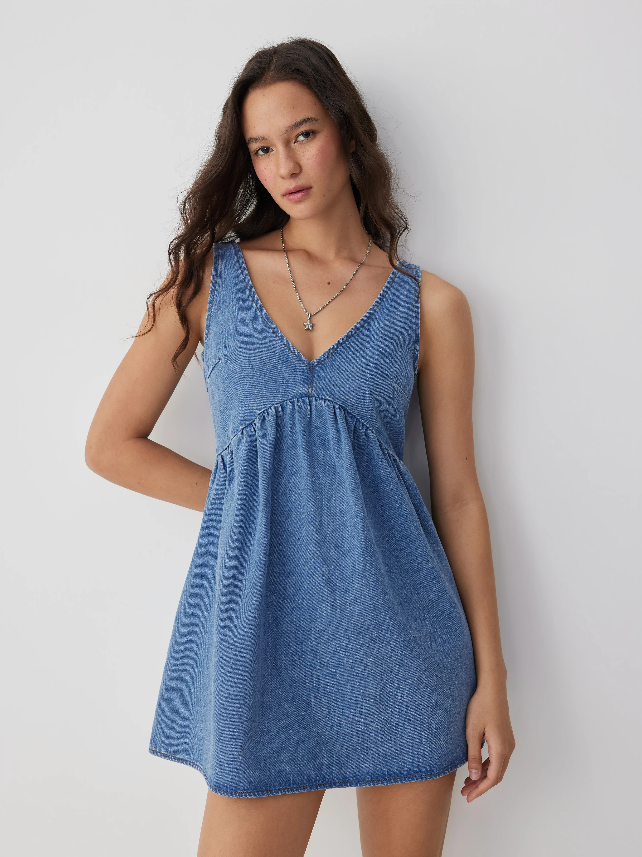 Denim Denim V-neck Tie Back A-line Oversized Mini Dress For Daily Casual Vacation | Cider