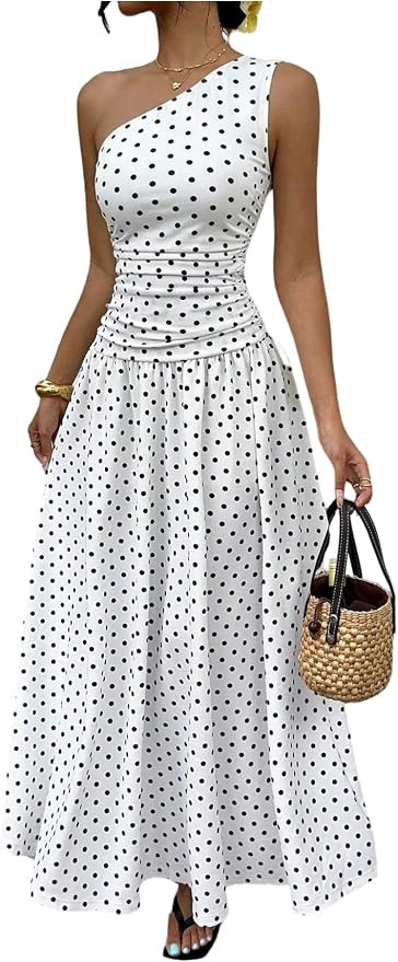 Milumia Women's Polka Dots One Shoulder Maxi Dress Sleeveless Ruched Ruffle Hem Long Summer Dress... | Amazon (US)
