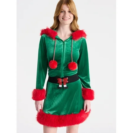 No Boundaries Christmas Velvet Hoodie and Skirt Set with Faux Fur 2-Piece Women’s | Walmart (US)