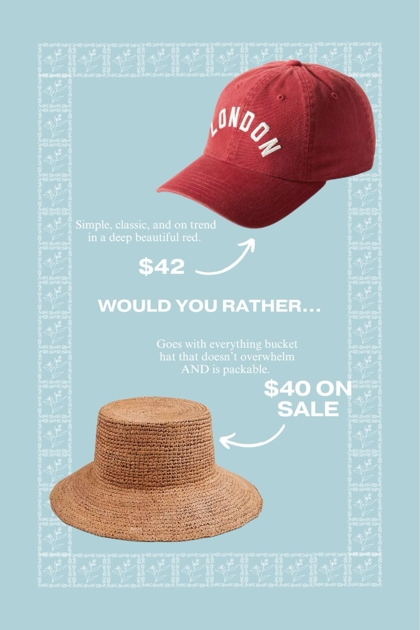 Would you rather - baseball or bucket hat for summer??? Linked a few other favorites too 
♥️Claire 

#LTKSeasonal #LTKFindsUnder50 #LTKTravel