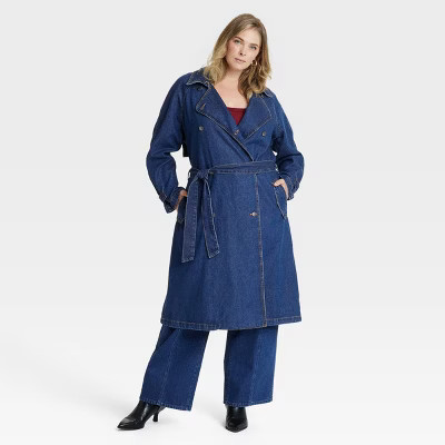 Women's Denim Trench Coat - Universal Thread™ Dark Wash XXL | Target