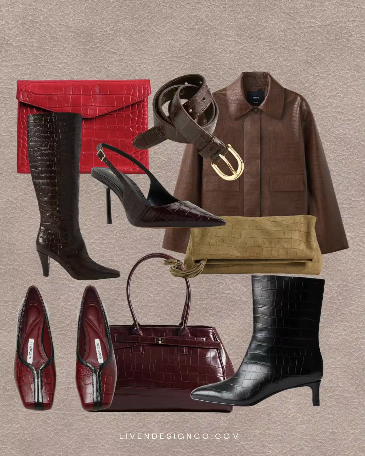 Fall fashion. Croc details. Crocodile print ballet flats. Croc embossed boots. Stiletto boots. Red croc clutch. Croc bootie. Croc burgundy handbag. Croc leather jacket.  Croc belt

#LTKSeasonal #LTKSaleAlert