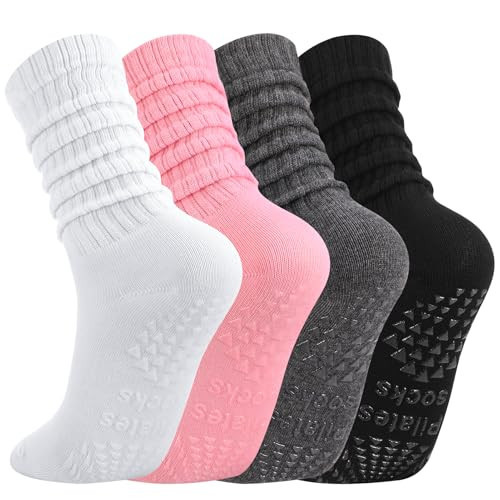 Jspupifip 4 Pairs Pilates Slouch Socks for Woman Scrunch Socks Long Cotton Non Slip Slouch Yoga Calf Sock Slipper for Barre Workout Hospital | Amazon (US)