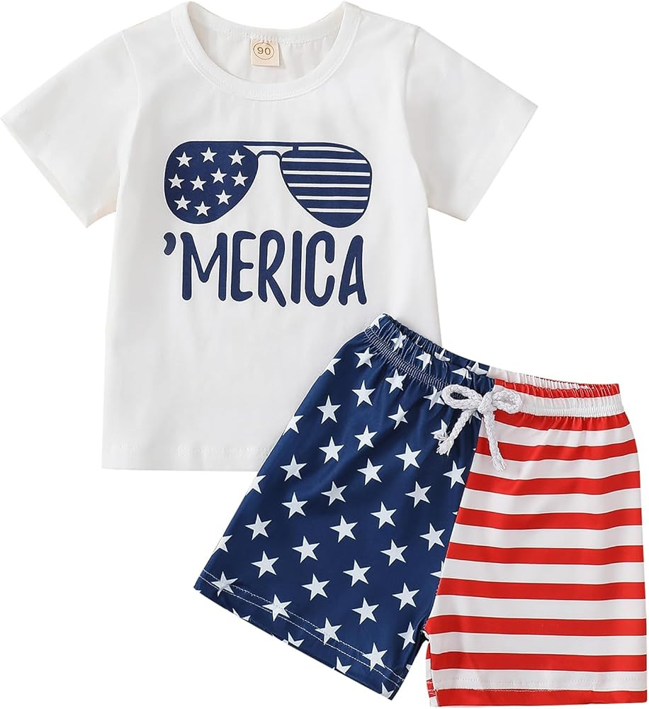Toddler Boy 4th of July Outfit Short Sleeve T-shirt Top+American Flag Shorts Boy Independence Day... | Amazon (US)